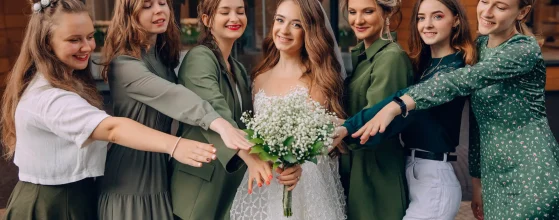 Une mariée entourée de ses demoiselles d'honneur, toutes vêtues de nuances de vert, posant joyeusement avec son bouquet.